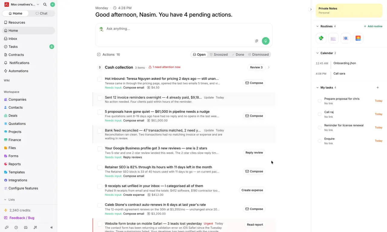 Heffl workspace showing actions, projects, inbox and finance context